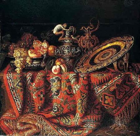 Jacques Hupin A still life of peaches, grapes and pomegranates in a pewter bowl, an ornate ormolu plate and ewers, all resting on a table draped with a carpet France oil painting art
